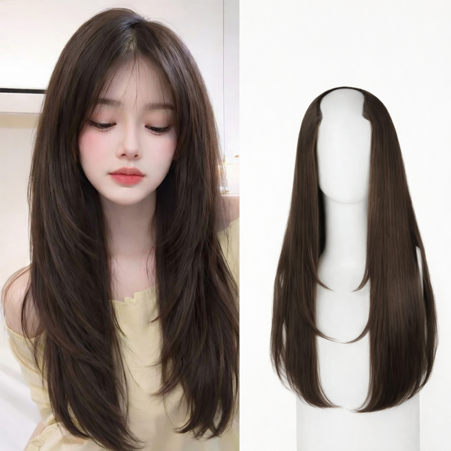 아이루리 페이스 라인 커버 레이어드 가발 피스 볼륨 내추럴 긴머리 여성 부분가발 헤어피스, 1개, 브라운