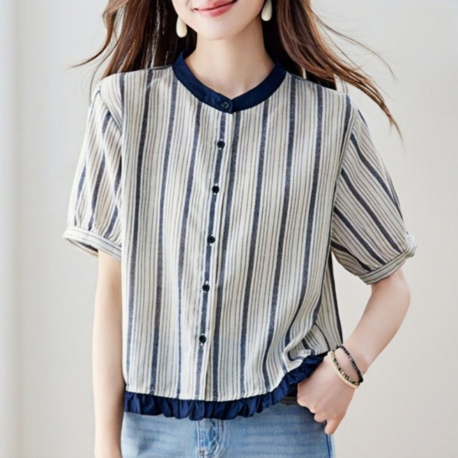 Makone 여성 여름 스트라이프 순면 블라우스 노카라 퍼프소매 레이스 패치 반팔 상의