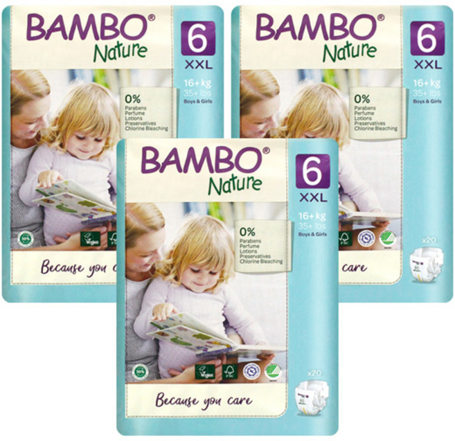 밤보네이처 밤보그린 기저귀 밴드형 6단계 점보형 공용 20매X3개, 60매