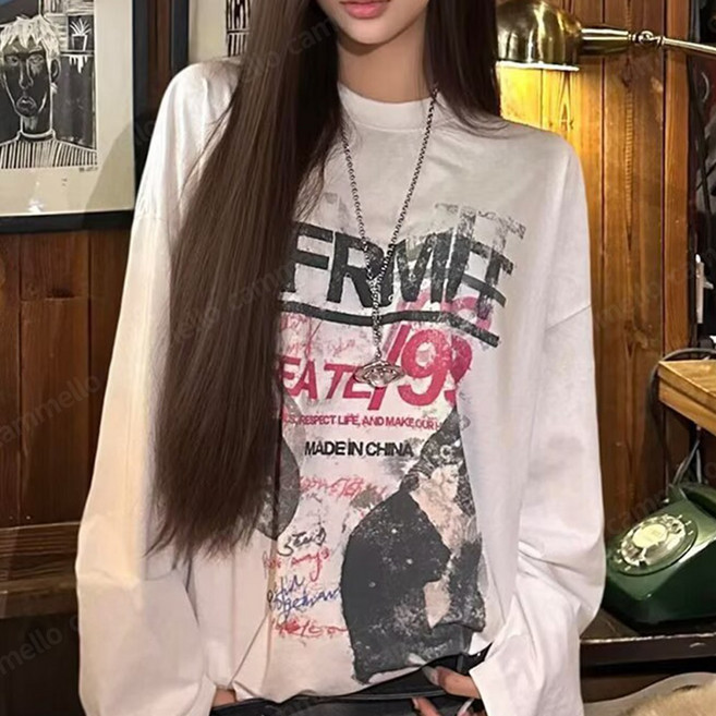 cammello 여성 오버핏 프린팅 긴팔 티셔츠 간절기 빅사이즈 면티 박스티 긴팔티