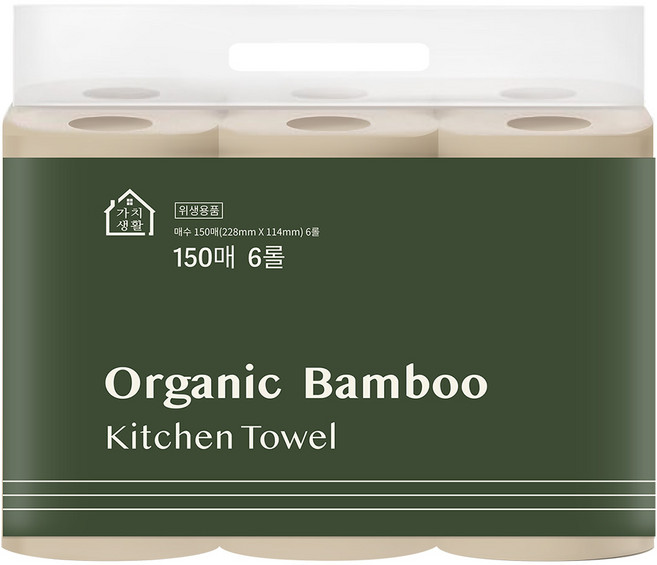 가치생활 오가닉 대나무 키친타올 천연펄프 롤형, 6개, 150매