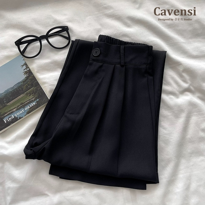 【Cavensi】高腰西裝褲 鬆緊後腰 垂墜感 闊腿褲 長褲女 寬褲 落地褲 中大尺碼