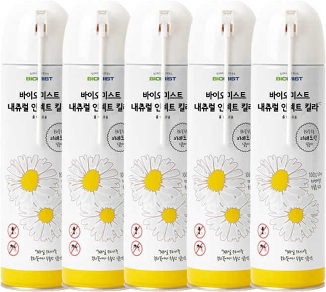 바이오미스트 내츄럴 인섹트 킬라 국화꽃 피레트린 빈대 모기 파리 해충 벌레약 살충제 퇴치제 스프레이 500ml 무향 x5, 5세트