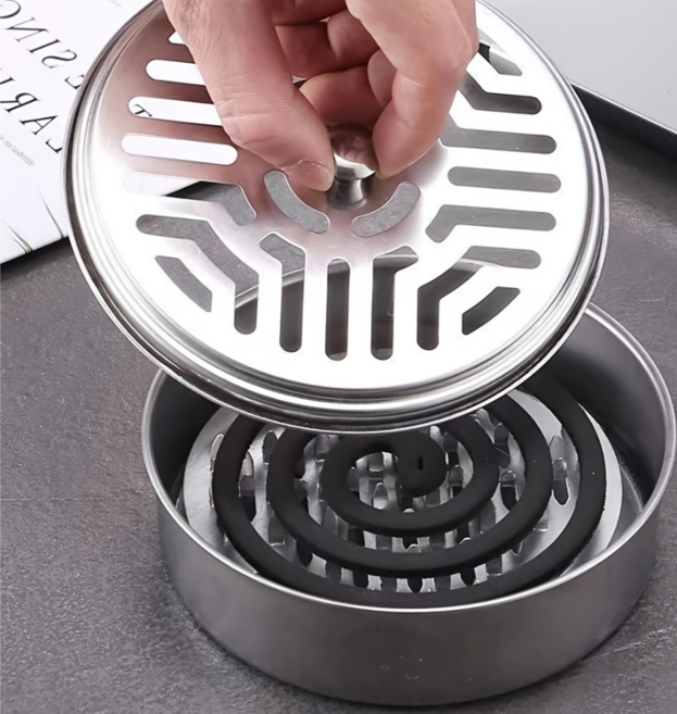 실내외 겸용 스테인리스 모기향 케이스 뚜껑형 트레이 캠핑용 원형 모기향 홀더 내열 트레이, 실버