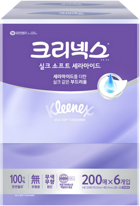 크리넥스 실크소프트 세라마이드 미용티슈 2겹 천연펄프, 200매, 6개
