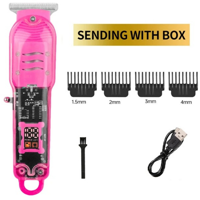 2024 새로운 투명 머리 깎기 전원 디스플레이 남성용 전기 면도기 트리머 Dropshipping, 분홍색