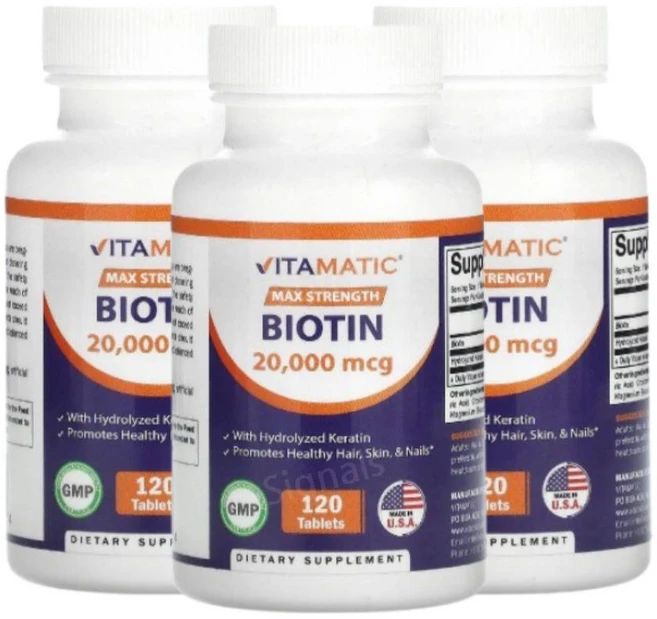 Vitamatic Biotin 비타매틱 비오틴 20000mcg 120타블렛 3팩, 360정 - 쿠팡