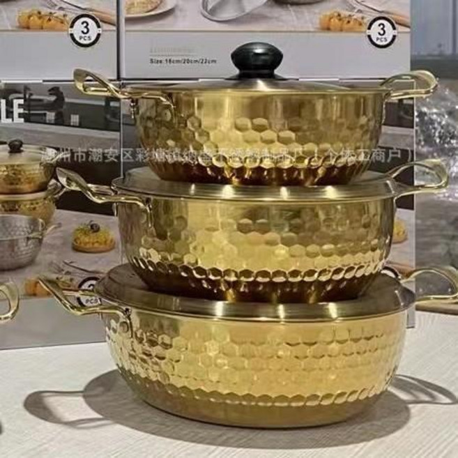 不鏽鋼錘紋雙耳湯鍋 韓式拉麪鍋, 18-20-22cm金色三件套（帶彩盒）, 1個