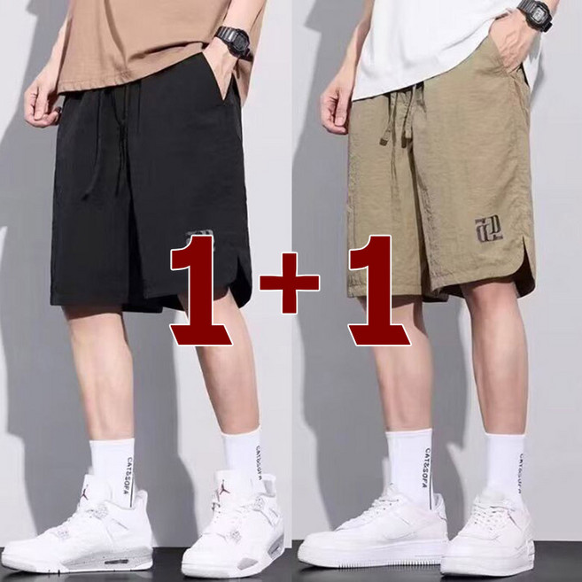 POMTOR 1+1 여름 남자 냉감 5부 바지 아이스 통기성 시원한 비치바지 밴딩 속건 스포츠 팬츠