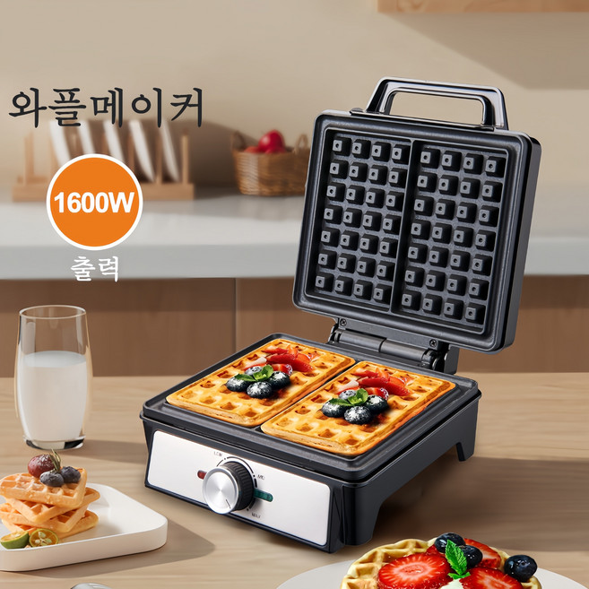 3위 - Mochae 와플메이커 가정용 샌드위치 메이커 다이얼 와플기계 양면 가열 분리형 와플제조기, 블랙