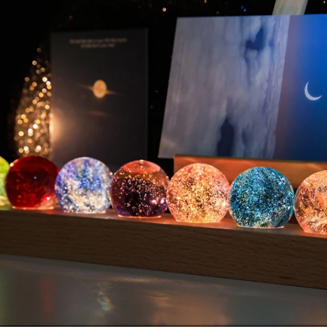 라이프리 7구 크리스탈 구슬 무드등 인테리어 조명 거실 침실 집들이 선물, 직사각형 원목 받침대