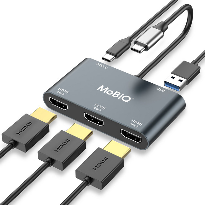 모비큐 C타입 4K@60Hz 트리플 HDMI 3대 모니터 확장 멀티 5포트 USB 허브 분배기 3대 MST 출력 리얼텍 칩 EM-53HP, 1개, 그레이