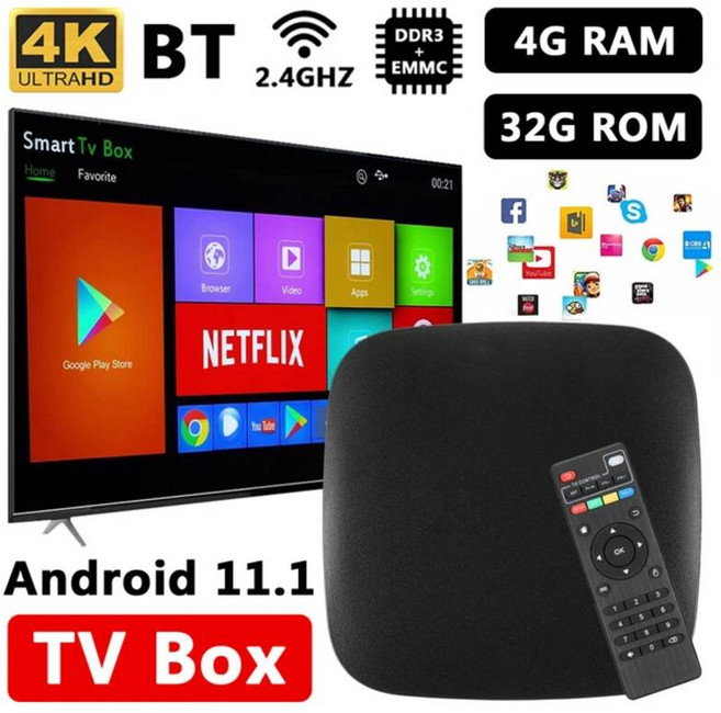 TV 셋톱 박스 스마트 수신기 OTT 업그레이드 DDR3 + EMMC 안드로이드 11 Amlogic 2.4G 와이파이 4K H.265 4GB RAM 32G 미디어 플레이어 트, Eu 플러그, Android 11, 1개