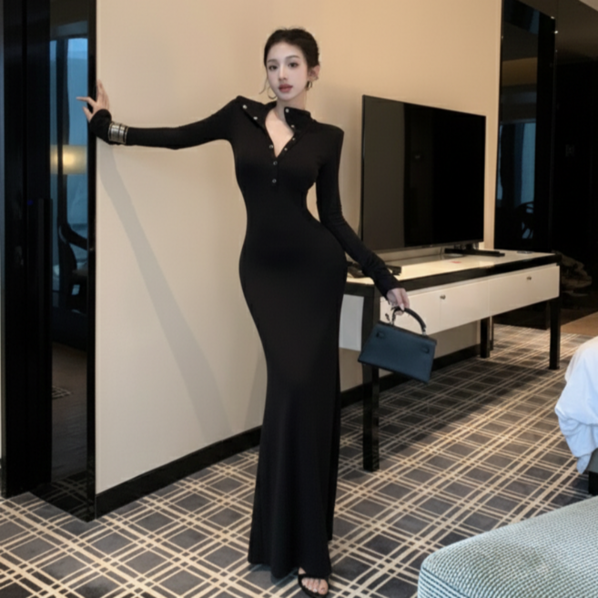 유니크코코 어깨패드 미시룩 긴팔 맥시 롱 원피스 op5830