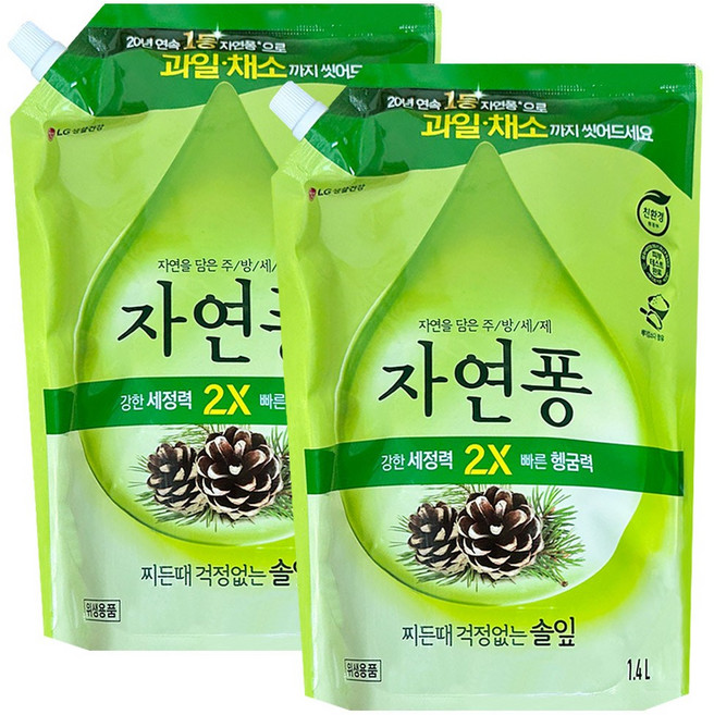 엘지생활건강 자연퐁 솔잎 리필 주방세제 대용량, 2개, 1.4L