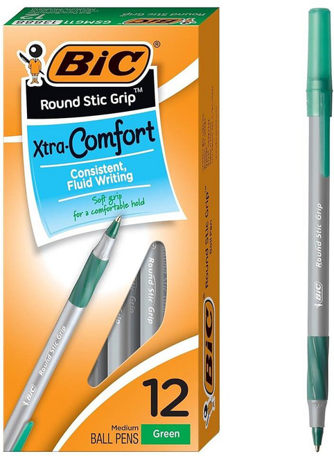 BIC 원형 스틱 그립 엑스트라 컴포트 중형 1.2 mm 볼펜 그린 12개 세트186346, BIC 원형 스틱 그립 엑스트라 컴포트 중형 1.2 m