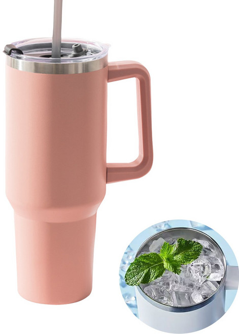 대용량텀블러 빨대손잡이 304스텐 진공머그컵 커피캠핑용품, 1개, 핑크색, 1200ml