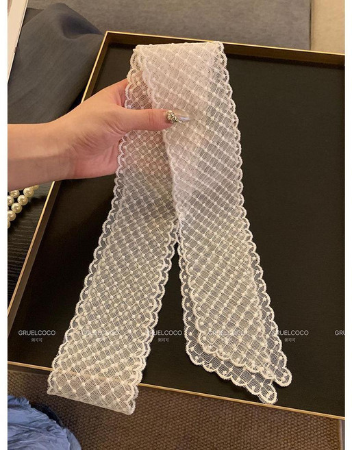 白色蕾絲飄帶 氣質長條絲巾 適用於春季