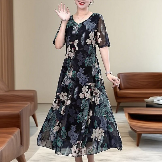 碎花連衣裙 夏季時尚媽媽裝韓版寬鬆顯瘦高檔大碼洋氣連衣裙, 1個, 2520#【復古綠】 專柜品質XL 建議105-115斤