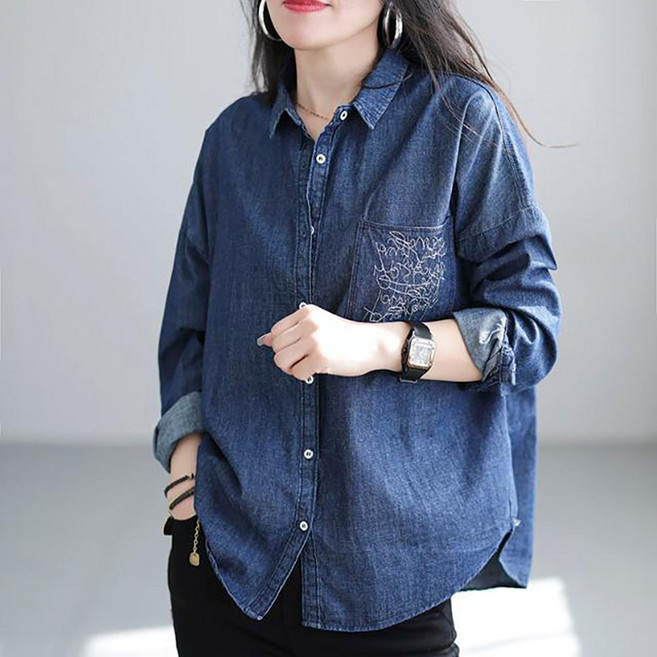 지고다그 빅사이즈 여성 데님 긴팔 셔츠 청셔츠 캐주얼 루즈핏 스타일 ZXC42657