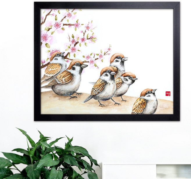 나봄갤러리 참새와 매화 새그림 일러스트 참새그림, 1.심플 블랙 액자