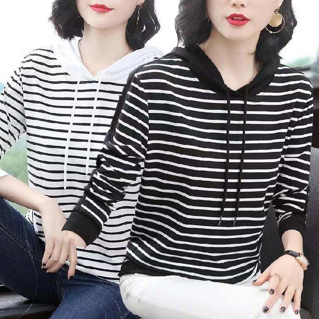TIMEPURE 중년여성 스트라이프 후드 티셔츠 긴팔 가을봄 캐주얼 빅사이즈 루즈핏 데일리록 줄무늬 상의