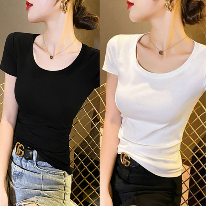 일월전빵 1+1 여성 데일리 유넥 무지 반팔 티셔츠 B-C007