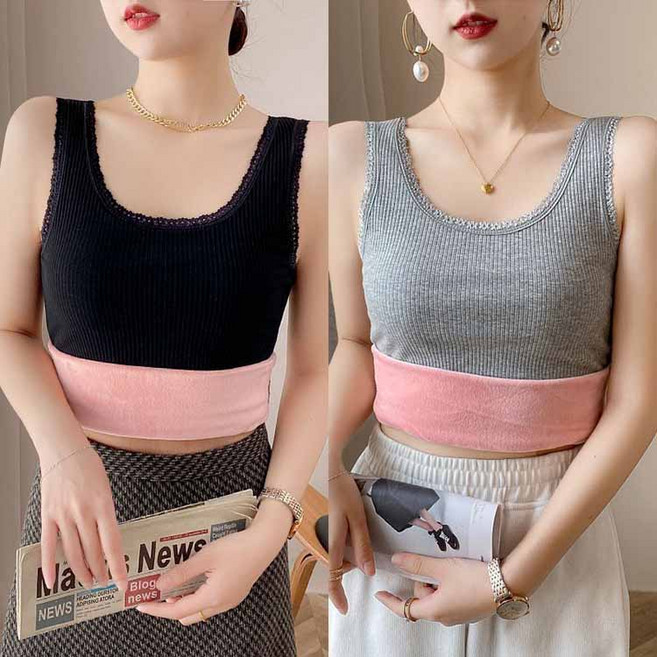 1+1 여성 기모 나시 겨울 여성 보온 레이스 민소매 이너탑 두꺼운 니트웨어 JXH