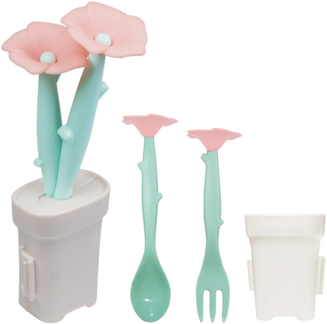 꼬꼬노리 블룸 스푼포크 휴대용 케이스 세트, 수저,포크,케이스, 핑크, 1개