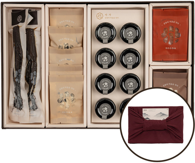 궁중비법 서가 자호원 국산 인삼정과 콩고물 도라지정과 도라지청 천혜향정과 생강편강 이바지음식 세트, 1세트, 산서함811, 버건디 맵시 보자기