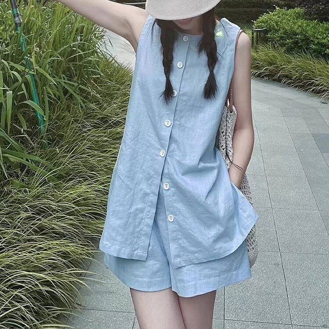 Kingfishe 여성 여름 패션 민소매 블라우스 반바지 세트 ru626DY9