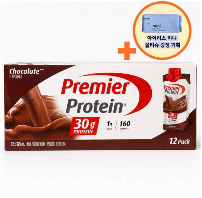 프리미어 프로틴 단백질 드링크 초코맛 코스트코 325ML 12팩 + 아이리스 미니 물티슈 증정 기획, 12개