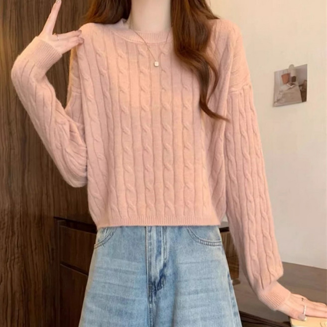 Makone 여성 니트 라운드넥 꽈배기 스쿨룩 심플 루즈핏 티셔츠