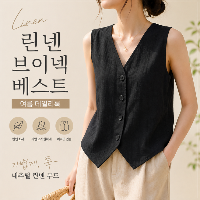 여성 린넨 민소매 베스트 루즈핏 레이어드 여름 조끼 AP001