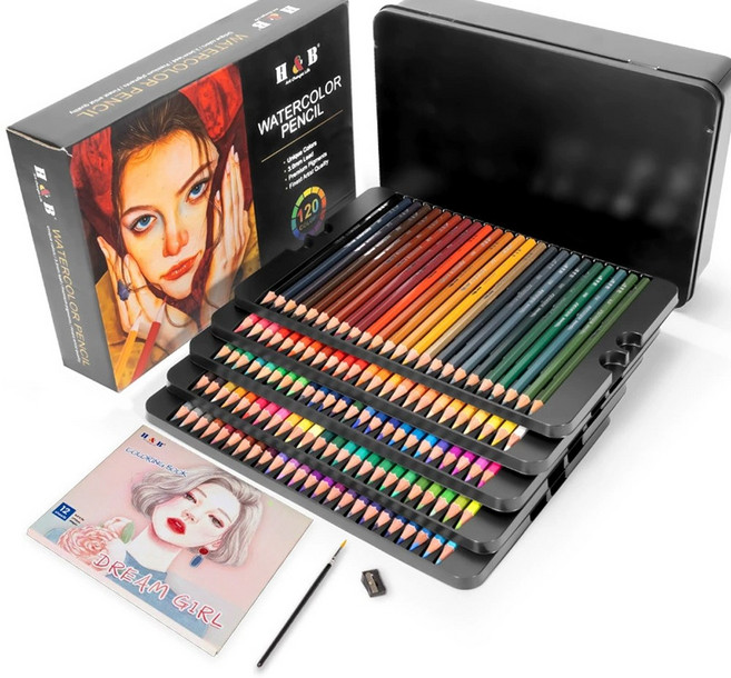 HB문화사 전문가용 프리미엄 수채화 수성 120컬러 색연필+컬러링북+수채화브러쉬+연필깎이, 1개, 120색