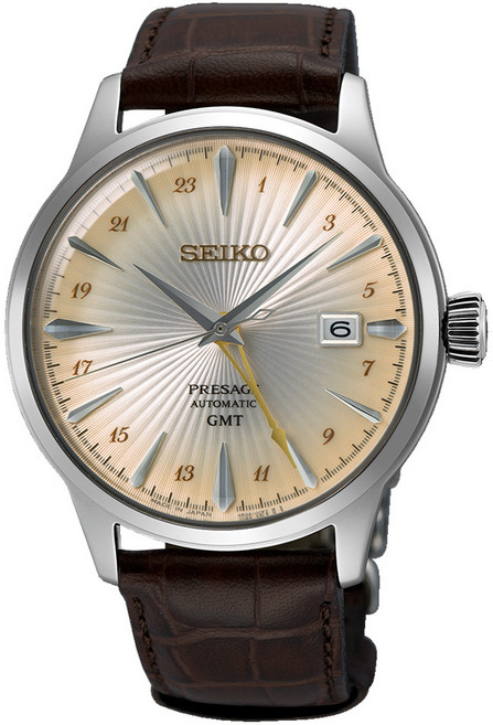 [Seiko] 세이코 프레사지 칵테일 타임 40.5mm 오토매틱 GMT 골드 다이얼 시계 SSK041J1