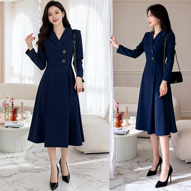 비비디아 네이비 롱원피스 여성 투버튼 자켓스타일 하객룩 오피스룩 단정한 정장 원피스 5539