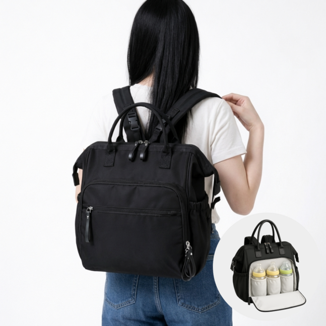 아기엄마백팩 외출 여행 기저귀가방 캐리어 유모차 연결 가능, 블랙