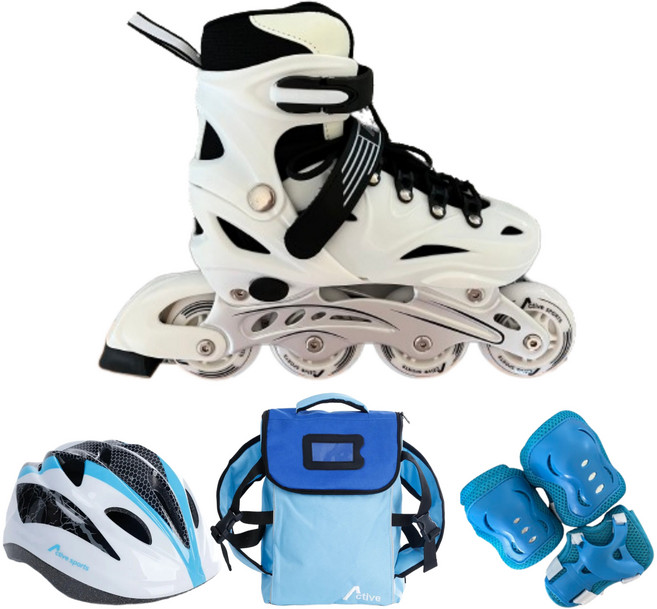 [인라인세트] 사이즈 조절형 아동용 발광바퀴 인라인 스케이트+헬멧+보호대+가방, 솔리드화이트+블루, 1개