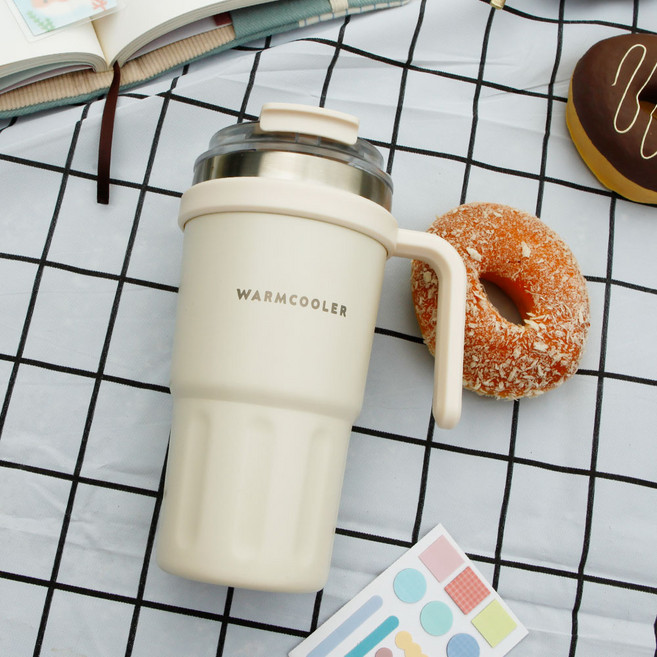 웜쿨러 대용량 손잡이 빨대 텀블러 (스티커+세척솔세트), 1세트, 600ml, 아이보리