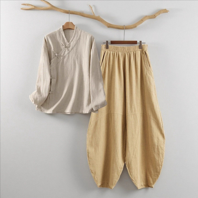 新中式斜襟禪意太極服套裝，寬鬆透氣居家修行服