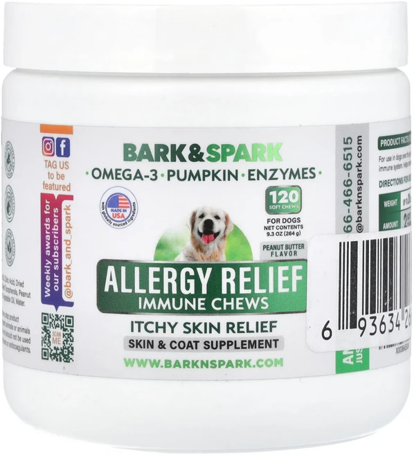 헁복하고 건강하세요 Bark&Spark Allergy Relief Immune 츄 가려움 피부 완화 반려견용 땅콩 버터 소프트 츄 120개 264g(9.3oz) 늘 챙기셔야합니다, BarkSparkAllergyReliefImmune츄가 - 쿠팡