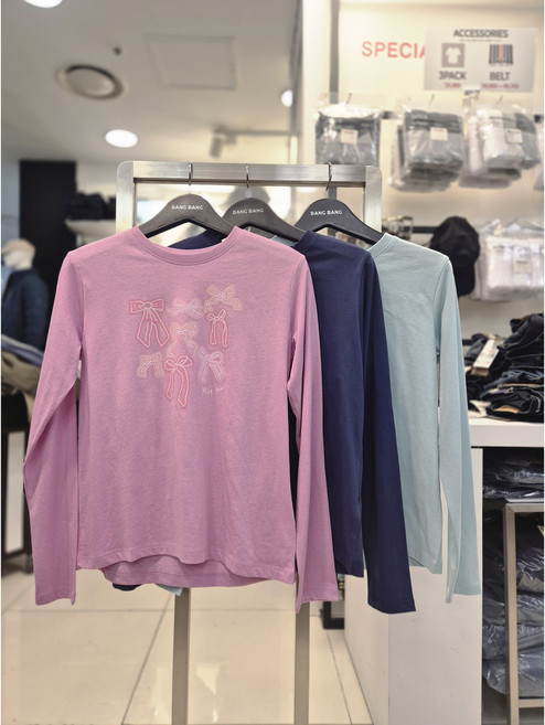 뱅뱅 봄 #신상 반값# 여성 리본 프린트 라운드 긴팔 티셔츠 NTM245