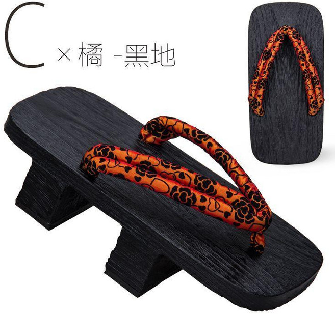 中式實木桐木拖鞋 防滑二齒木屐 古風外穿休閒個性人字拖, C-橘-黑地,25CM（38-40碼）