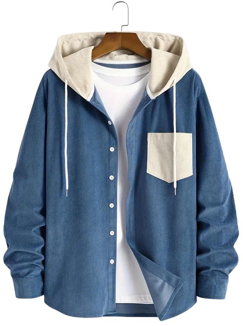 IEDUOS남성 봄가을 캐주얼 도톰한 코듀로이 긴팔 셔츠 남자 홑겹 코듀로이 후드 코트 루즈핏 스타일리시