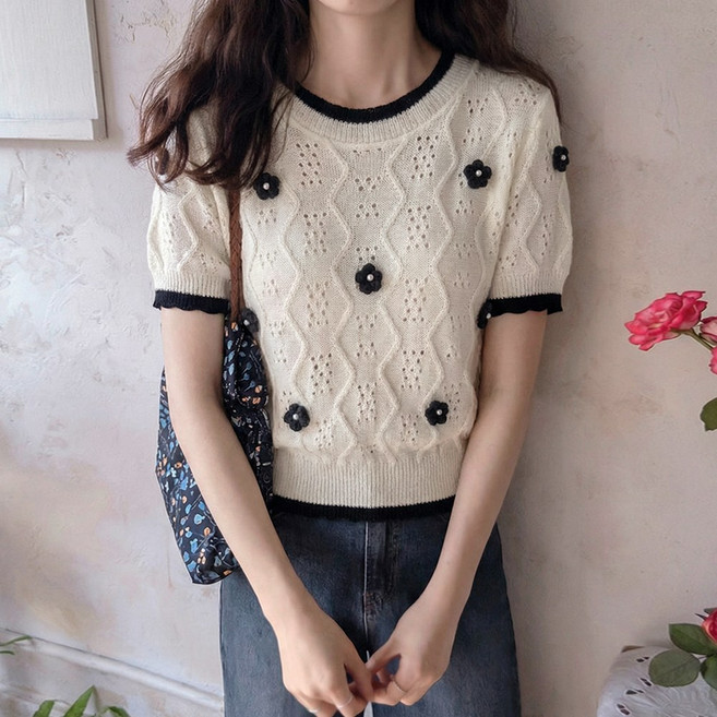 SOSISI 여성 반팔 니트 라운드넥 손뜨개 꽃 여름 티 풀오버 46159