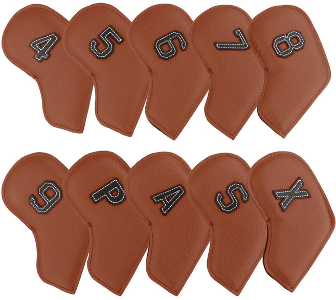 PU 가죽 아이언 커버 클럽 헤드커버 골프채 커버 세트 10pcs, 브라운, 10개입