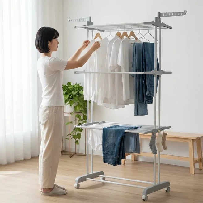 YULIFE 빨래건조대 4단 대형 접이식 튼튼한 이동식 빨래 건조대, 그레이