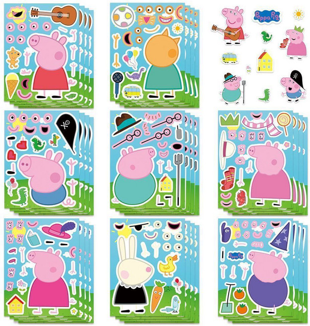 小豬佩奇 換臉拼圖貼紙 24張不重複 益智 手工DIY組裝貼畫, 1個, 1張小豬佩奇拼圖貼紙