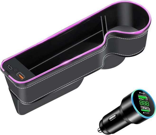USB+C 충전기가 장착된 7가지 컬러 LED 카시트 갭 필러 오거나이저 앞좌석 56W 어댑터 시트 컵 홀더가 3인치 1센터 콘솔 차량 조수석 측 바이브 라이트가 홀더, Black-passenger